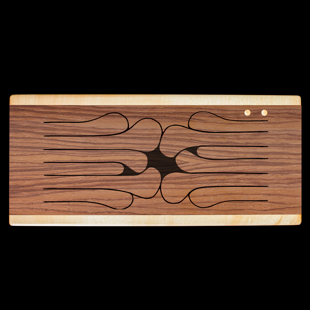 Top view of 12-key wooden tongue drum in Guatemalan rosewood with curved tongues