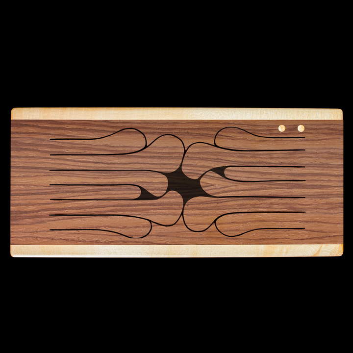 Top view of 12-key wooden tongue drum in Guatemalan rosewood with curved tongues